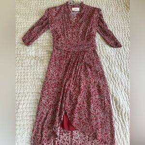 ba&sh Red and White Long Sleeve Wrap Sundress